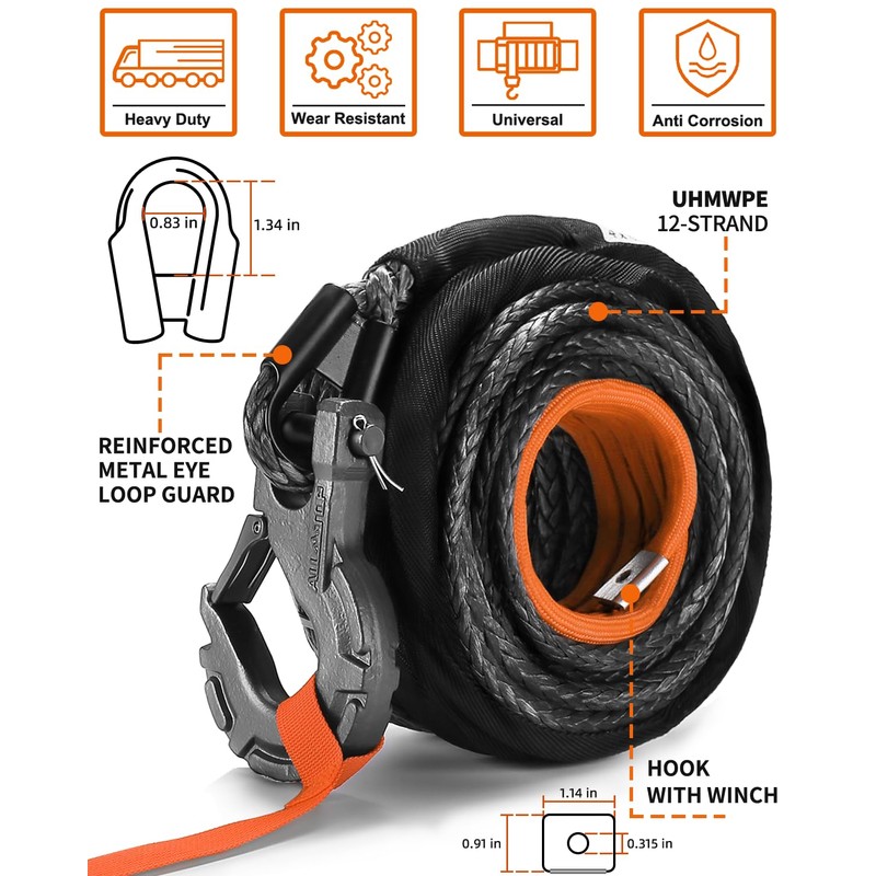 ALL-TOP Synthetic Winch Rope w/Hook & Isolator, 3/8in x 92ft,
