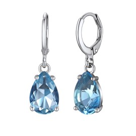 Suplight Sterling Silver Birthstone Earrings for Women, Aquamarine Teardrop Birthstone Hoop Earrings Crystal March Birthstone