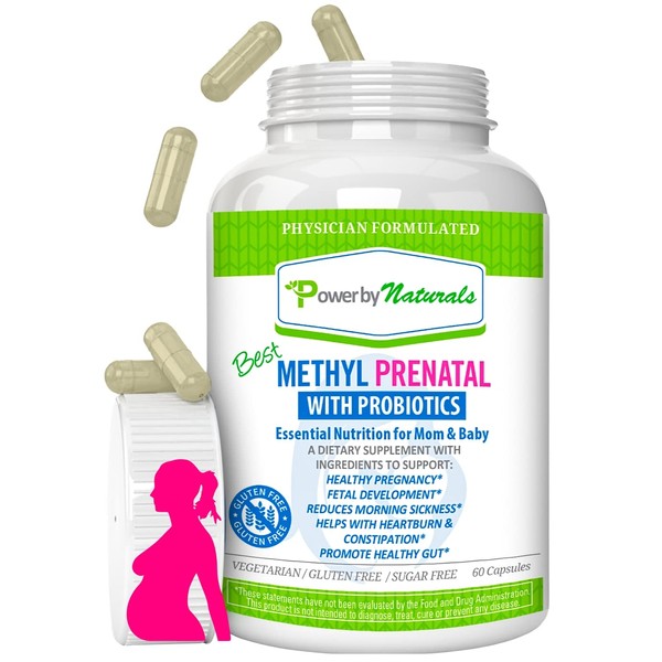 Power By Naturals - Best Methyl Prenatal Vitamin with Probiotics, Methyl Folate, Methylated B12, Iron Pregnancy Must Have Prenatals Essential Nutrients for Healthy Mom and Baby, 60-Caps Dr Formulated