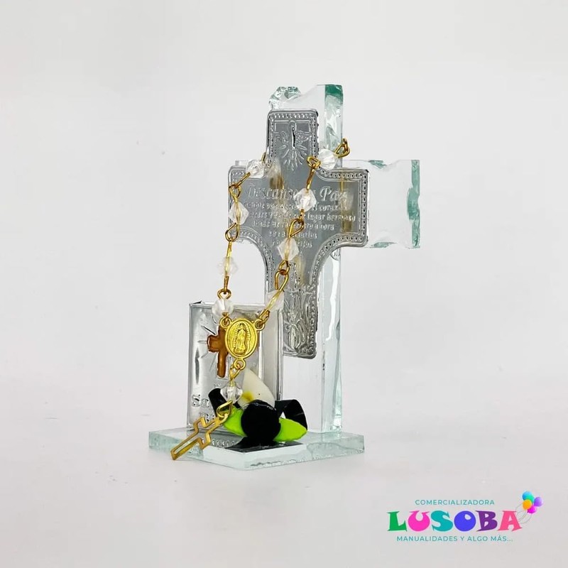 Cruz de Cristal con Mono y Mini Biblia Luctuoso 12