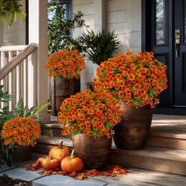 AXYLEX Artificial Fall Flowers Outdoor Fake Mums - 16 Bundles Fake Plants UV Resistant No Fade Faux Plastic Greenery Garden Porch Patio Fall Home Decor (Red Orange16)