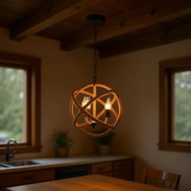 Rattan Globe Pendant Light 3-Light Adjustable Chain Hanging Chandelier for Kitchen Dining Room Entryway E26 Bulb Not IncludedColor: as Pic Color