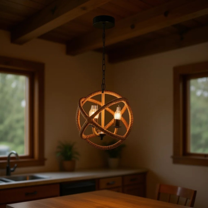 Rattan Globe Pendant Light 3-Light Adjustable Chain Hanging Chandelier for