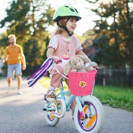 Bicycle Basket Front Children Removable, EUBSWA Bicycle Basket Wicker Basket Front with Bells and Streamers, Girls Bicycle Basket Accessories (Pink Bicycle Basket-1)