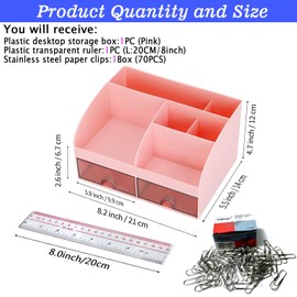 SYJINHUASY Multifunctional Desk Organiser, Compact Office Organiser with 5 Compartments & 2 Drawers, Plastic Table Organiser for Office, Home, School (Pink-B)