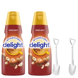 Candy Freezer International-Delight Liquid Coffee Creamer.- Two (2) 32 fl oz Bottles of Creamy Smooth Delightful Coffee Creamer and Mini Metal Spoons (Hazelnut) Shovel Spoons