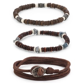 LOCAL LEAGUE Mens Bead Bracelets, Beaded Bracelet Set 3x - SURF CREW HAWAII - Adjustable Leather Wristband BROWN Wooden Beads Man Wrap Cord Rope Holiday BEACH Party Clubbing Festival, for Boyfriend