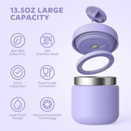 Vacuum Insulated Food Jar, Wide Mouth Insulated Lunch Containers for Hot Food, Leakproof Insulated Stainless Steel Flask, Stainless Steel Keep Food Warm Lunch Container- 13.5oz (Macaron-Purple)