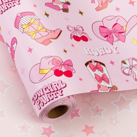 Homeral Pink Cowgirl Wrapping Paper Roll - 17In x 32.8Ft Reversible Gift Wrap with Western Boots Hat Cherry Pattern for Girls Birthday, Baby Shower, Cowgirl Party, Western Theme, Holiday Crafts