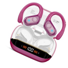 Qecnato Wireless Earbuds Bluetooth Headphones Stereo Deep Bass Sports Ear Buds with Earhooks, Bluetooth Earbuds, LED Display, IP7 Waterproof Earphone, Rose Gold