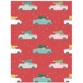 Holiday Trucks Christmas Giftwrap Paper - Six Flat Folded Sheets 19.5x27 Inches, Masculine Christmas Wrapping Paper with Vintage Trucks on a Red Background