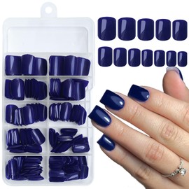 Bellelfin 240pcs Short Press on Nails Dark Blue Full Cover Short Square Fake Nails Glossy Acrylic Artificial False Nail Tips with 5 Sheets Adhesive Glue Tabs for Women and Girls Fingernails Design