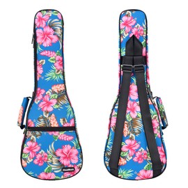 CLOUDMUSIC Ukulele Case Gig Bag Padded Backpack For Concert 23" Inch(Concert, Hawaii Hibiscus and Palm In Light Blue)