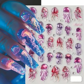 Summer Nail Art Stickers Decals 5D Embossed Jelly Fish Nail Decals 1PCS Self Adhesive Purple Marine Life Nail Stickers Theme Nail Art Supplies Summer Nails Adhesive Sliders for Women DIY Nail Salons