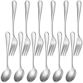 Dessert Spoons Set Stainless Steel Including 6 Small Spoons 6 Mini Forks for Fruits Tea Coffee (Stainless Steel)