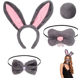 Ptenzor Easter Bunny Costume Set for Women, Plush Rabbit Ears Headband, Bowtie, Nose, Tail, Easter Parties & Cosplay Dress-Up
