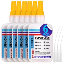 Super Glue All Purpose with Anti Clog Cap. 6 x 1 fl oz,CA Glue - Adhesive Super Glue Cyanoacrylate Glue for Hard Plastic, Wood, Metal, Glass, Ceramics and Porcelain, Quick Dry | USKICH