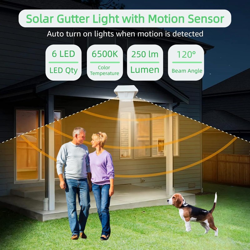 Solar Gutter Lights Motion Sensor Outdoor Security Light (2 Pack),