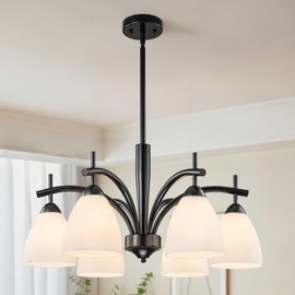 Xyndraph 25.6" Black Chandelier, 6-Light Modern Farmhouse Chandelier with Frosted Milk Glass Shades, Dimmable Pendant Lighting Fixture for Dining Room, Living Room, Kitchen Island