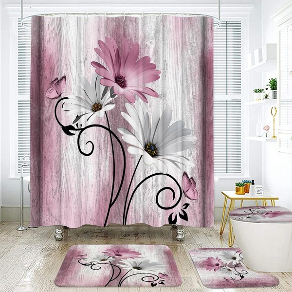 Onlalasyc Onalasyc 4PCS Pink Daisy Flowers Butterfly Shower Curtain Set