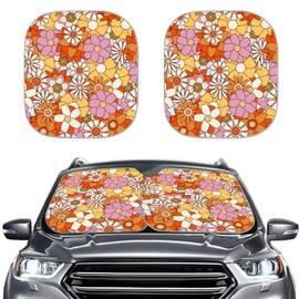 Renewold Hippie Daisy Boho Car Windshield Sun Shade Shield Portable Auto Sunshade Vehicles Sun Visor Blocker Fits for Most Sedan Van SUV Trucks 2pcs Set Foldable Interior Car Accessories