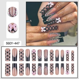 Long Press on Nails Coffin Fake Nails French False Nails Black Artificial Nails Extra Long Acrylic Nails XL Cute Nails with Rhinestones and Bow Designs Nude Stick on Nails for Women 24pcs