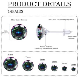 LOLIAS 12Pairs Clear Earrings Plastic Post Stud Earrings for Women Plastic Earrings for Sensitive Ears Clear Piercing Retainer for Sport Work Crystal Stud Earrings Pack,Deep Colorful