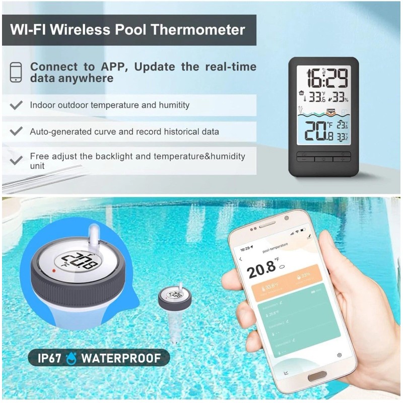 HEYAXA Wireless WiFi Pool Thermometer with 4" Digital LCD Display