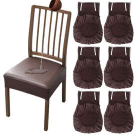 Zjyufy 6 Pcs Dining Chair Seat Cover PU Leather Waterproof Dining Chairs Slipcovers Removable Washable Stretch Seat Covers for Dining Chairs, Brown
