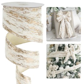 HUIHUANG Ivory Christmas Wired Ribbon Faux Fur Birch Wired Ribbon Ivory and Gold Metallic Ribbon for Christmas Tree, Bows, Wreaths, Garland, Swags, Gift Wrapping, Home Decor- 2.5 inch X 10 Yards