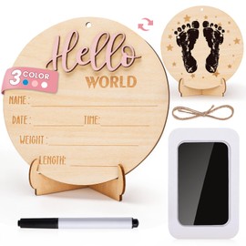 Hello World Announcement Sign for Girl: Wooden Pink Baby Newborn Signs for Hospital with Footprint - Round Baby Birth Board for Welcome New Girl