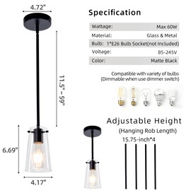 BESTWEST Pendant Light Fixtures for Kitchen Island, Matte Black Clear Glass Pendant Lights, Modern Hanging Light Fixture with Adjustable Suspension Rod for Kitchen Sink Dining Room Bar, E26 Socket