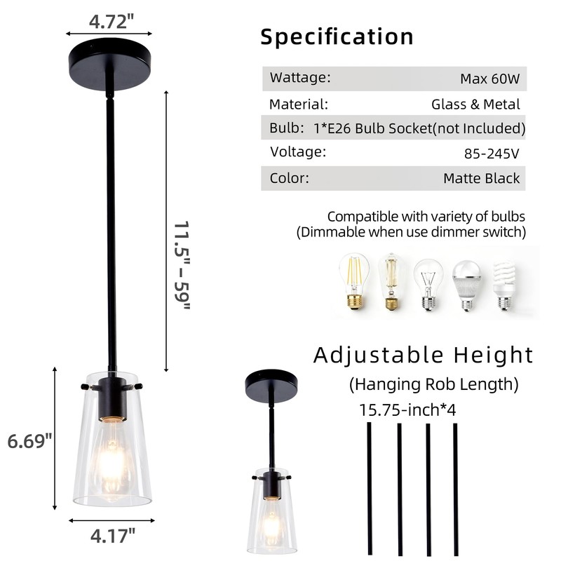 BESTWEST Pendant Light Fixtures for Kitchen Island, Matte Black Clear
