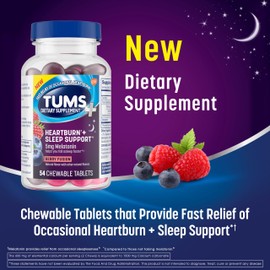 TUMS Heartburn Plus Sleep Support Chewable Dietary Supplement Tablets for Occasional Heartburn Relief Plus Sleep Support, Berry Fusion - 54 Count