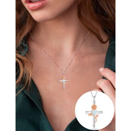 Vesitim Women's Cross Necklace 925 Sterling Silver Infinite Rose Flower Pendant Faith Religious Rose Plated Created White Opal Jewelry Gift
