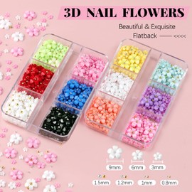 3D Flowers, Manicure Kit with Nail Rhinestone Glue Gel, Colorful Acrylic Flower Nail Charms with Caviar Beads, Rhinestones for Nails & Gem Glue for Nails (UV/LED Needed) with Pickup & Dotting Tools