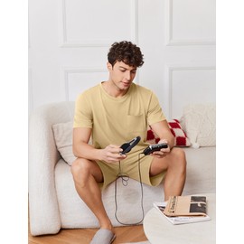 Ekouaer Mens Pajamas Set Cotton Short Sleeve Sleepwear 2 Piece Pj Sets for Men Soft Nightwear with Pockets(Light Brown L)