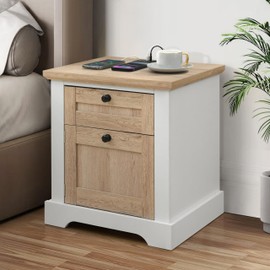 ELISA HOME Autumn 1 Drawer Nightstand with Charging Station, Drawer Slide Pre-Assembly, Nightstand for Bedroom, End Table, Sofa Side Table for Living Room, 15.7" D x 18.9" W x 21.2" H, White/Oak