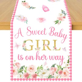 Cheerupp A Sweet Baby Girl is On Her Way Table Runner, Pink Linen Fabric Table Runner for Everyday Use 72 x 13 Inches, Washable Table Cover for Baby Shower Indoor Outdoor Kitchen Dining Table Decor