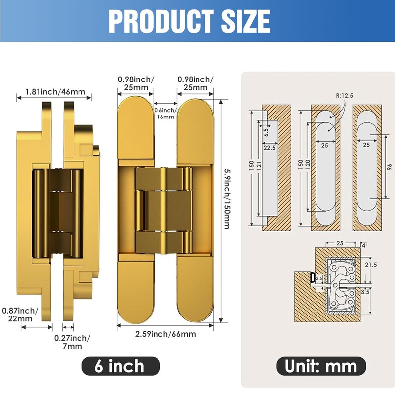 Eegoowa 6" Hidden Door Hinge/Invisible Door Silent Door Hinge 180