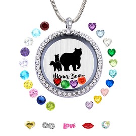 GOKING Mama Bear Necklace with 2 Cubs for Women, Floating Locket Pendant with 24 Birthstones & Charms for Mom Mother Mummy Momma