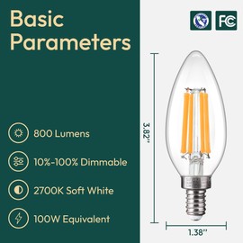 ALAMPEVER 12 Pack Chandelier Light Bulbs 100 Watt Equivalent, 800LM Bright Dimmable LED Light Bulb, E12 Base, 2700K Soft White, B11 Type, 5.5W, Ideal for Living Room, Bedroom, Dining Room