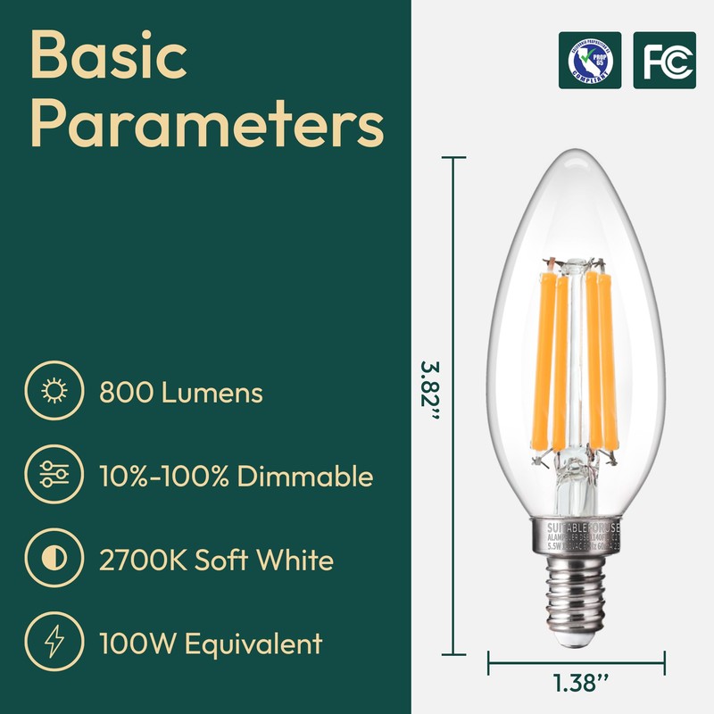 ALAMPEVER 12 Pack Chandelier Light Bulbs 100 Watt Equivalent, 800LM