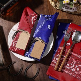 Chicingyou 24 Sets/ 72 Pcs Western Cowboy Dinnerware Decor, Western Cowboy Polyester Bandana Napkin for Wedding, Paisley Print Napkin with Horseshoe Pendant Kraft Paper for Rodeo Birthday Party Decor
