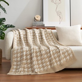 Snuggle Sac Throw Blanket for Couch, Reversible Super Soft Warm Blankets Cozy Knit Fuzzy Plush Lightweight Throws for Sofa, Bed, Camping,Houndstooth Beige,50x60 inches