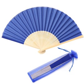 SL crafts 50pcs Imitated Silk Hand Fan Silk Fabric Bamboo Handheld Folded Fan Bridal Dancing Props Church Wedding Party Favors with Organza Bags (Royal Blue)