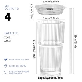 Sunidearly Ribbed Glass Tumbler Set of 4-20oz Coffee Tumbler with Lids and Straws - Leakproof Inverted for Iced Coffee, Smoothies & Cocktails - Glasses Drinking Set & Drinking Cups Durable Glassware