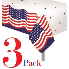 3 Pack plastic table cover 4th of July independence day memorial day tablecloth stars and stripes Patriotic Party Table Cover celebrate Red white and blue 108 " x 54" Inches Ideal for bbq picnic