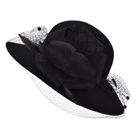 Black Womens Wool Felt Floral Veil Netting Feather Wide Brim Derby Hat A322