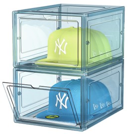SCAVATA Hat Organizer Box, Stackable Clear Baseball Caps Holder Box Containers with Magnetic Door for Hats Snapback Cap Storag, Hat Rack Display Case, Holds 8 Hats Each (Blue, 2 Pack)